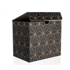 Midnight Constellation Box — Charcoal-black box with a fine rose-gold geometric pattern, like stars joined by light.